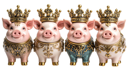 Four smiling pigs wearing golden crowns and ornamental outfits