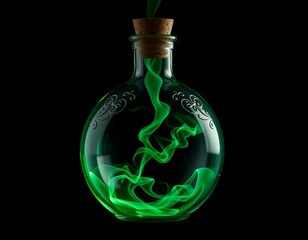 A transparent green glass bottle with a cork contains a single dollar bill submerged in liquid like a decorative beverage flask isolated on a black background