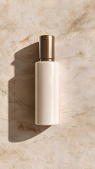 
Minimalist skincare bottle mock-up on beige stone background, soft shadows, clean and elegant, top-down view, natural lighting

