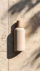 
Minimalist skincare bottle mock-up on beige stone background, soft shadows, clean and elegant, top-down view, natural lighting

