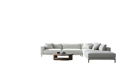 Modern white sectional sofa with coffee table, isolated on black