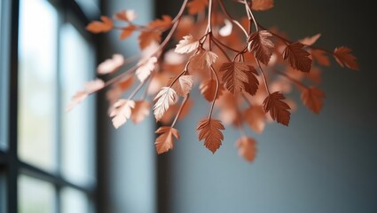 Delicate copper leaves hanging near window