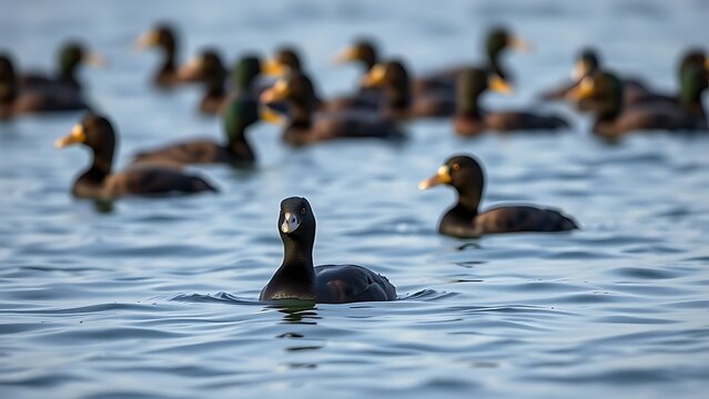 scoter. A small flock of black scoter ducks floating on a calm, cold sea in natural daylight. wildlife magazines, conservation campaigns, designed for eco-tourism storytelling.