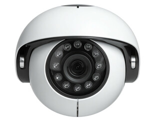 Front view of a white, spherical security camera with a ring of lights