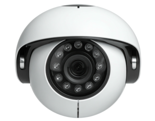 Front view of a white, spherical security camera with a ring of lights