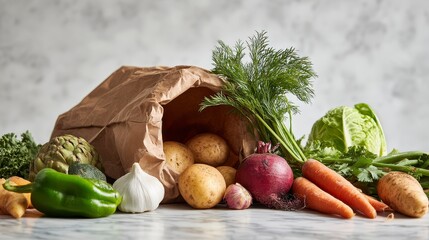 A close-up shot of a variety of fresh, colorful vegetables spilling out of a brown paper bag on a marble surface