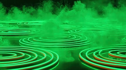 Abstract Image with Green Spiral Structures and Smoke Amidst Darkness and Reflections