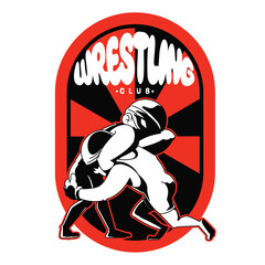 Retro Style Dynamic Wrestling Club with Wrestlers Vector Illustration in Orange and Black