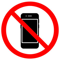 Prohibited mobile phone use sign, displaying a smartphone silhouette within a red prohibition circle, indicating a no phone zone