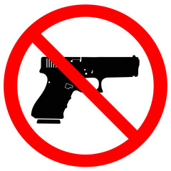 Prohibition of firearms symbol with a red circle and a diagonal line over a pistol silhouette, indicating no guns allowed