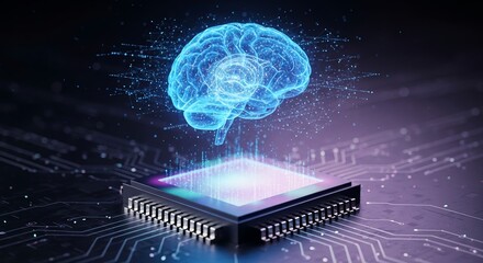 Artificial intelligence brain hologram emerging from a glowing computer chip on a dark circuit board representing machine learning neural networks and advanced digital technology concepts