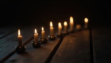 Row of lit candles on dark wooden surface