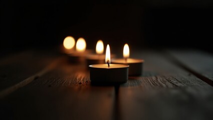 Three lit candles on wooden surface