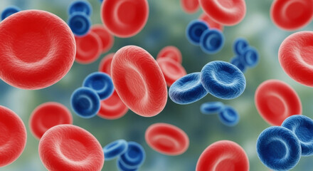Abstract medical illustration with red and blue blood cells on a blurry background. Close up detail, science and research concept.