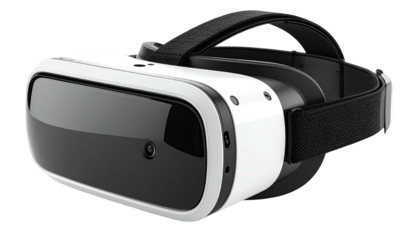 Sleek VR headset with white casing, black lenses, and adjustable straps