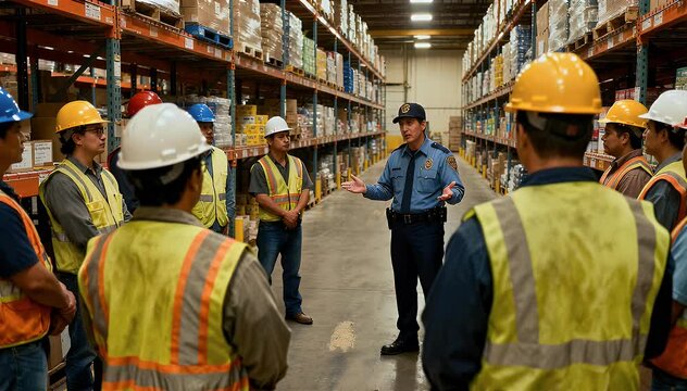 Warehouse workers meeting safety supervisor for training session