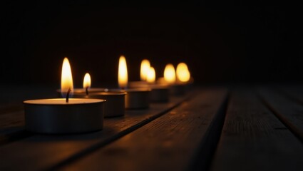 Row of lit candles on wooden surface