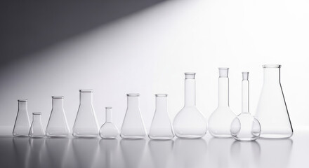 A pristine arrangement of clear glass laboratory flasks of varying shapes sits in a row on a white surface, capturing a clean and sterile environment.