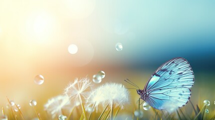 Bright blue butterfly resting on dew-covered dandelions in a sunlit meadow glow