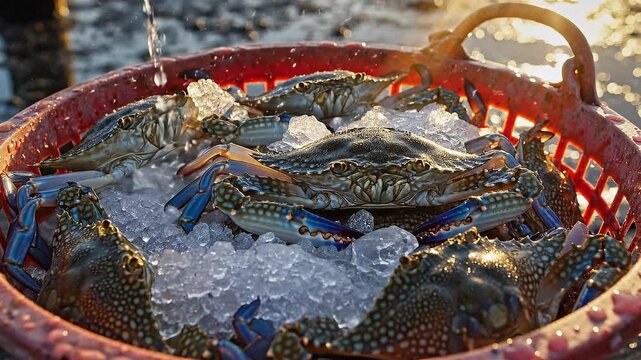 Fresh blue swimming crabs in red plastic basket being washed with water and ice at traditional seafood market during golden hour