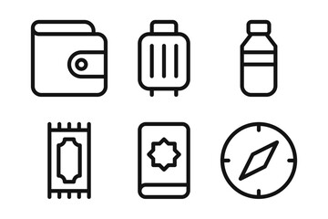 Muslim Travel Essentials Linear Icon Set - Editable Stroke : Suitable for Use in Apps, Digital Content, and Printed Materials Related to Islamic Lifestyle, Prayer Activities, and Travel Themes © Yoan Maulana Studio