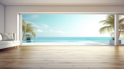 Bright contemporary indoor living space with floor-to-ceiling glass doors and ocean view