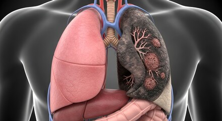 Human lungs comparison healthy versus diseased smoking damage cancer tumors respiratory system anatomy illustration medical visualization science education