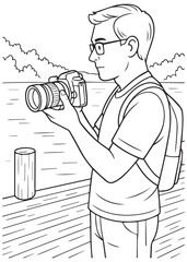 Coloring book Dad taking photo near the pier