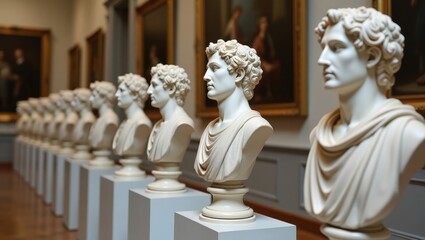 Row of classical sculptures in gallery