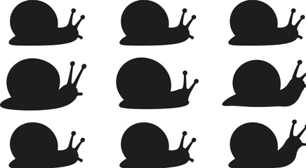 Nine Black Silhouette Snail Icons with Antennae on White Background animal mollusk © MDBENJIR