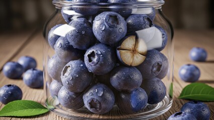 Freshly picked blueberries glistened with dew inside a glass jar, resting on a rustic wooden