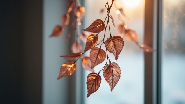 Delicate copper leaf decoration hanging by window