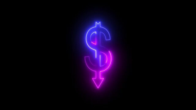 Neon Glowing Dollar Symbol with Downward Arrow Icon Animation on Black Background, Looping Financial Decline and Loss Symbol for Expense Increase, Revenue Drop, Market Downtrend, Business Finance UI