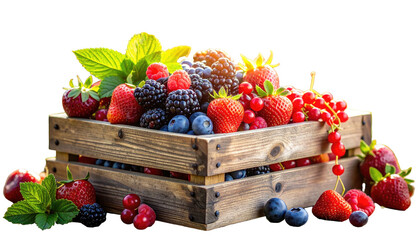 A rustic wooden crate overflowing with a vibrant medley of fresh berries
