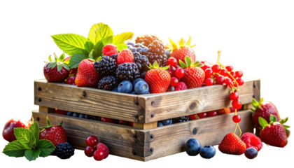 A rustic wooden crate overflowing with a vibrant medley of fresh berries