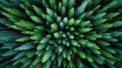 Aerial View of Dense Evergreen Forest in Deep Greens Dark Light and Soft Shadows Overhead Shot with Concentric Composition Nature Backgrounds