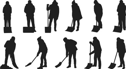 Silhouette set of people shoveling snow in various poses winter cleaning © MDBENJIR