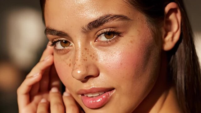 Close up portrait of a young woman with natural freckles and dewy glowing skin showcasing healthy beauty and fresh makeup looks in warm light