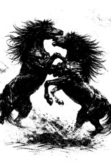 Wild horses in dynamic ink wash style, Transparent Background