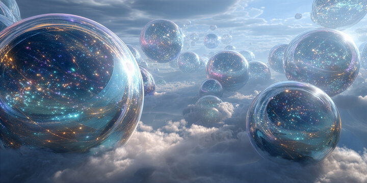Quantum simulation of a parallel universe, floating multiverse spheres.