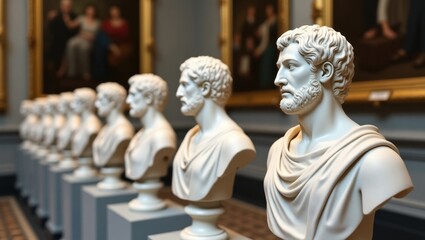 Row of ancient roman busts in a museum