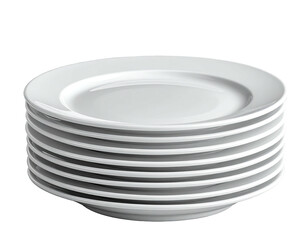 A stack of plain white ceramic plates with a rim, isolated