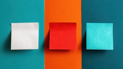 Arrangement of White Red and Turquoise Square Paper Notes on Contrasting Teal Orange and Gray Blue Backgrounds