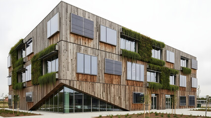 Modern Architecture Sustainable Wood Facade and Solar Panels for an energy efficient building exterior with integrated greenery