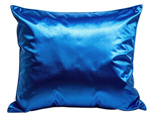 Shiny, bright blue, puffy pillow with wrinkles and a slight sheen