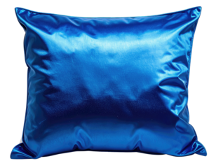 Shiny, bright blue, puffy pillow with wrinkles and a slight sheen
