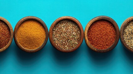 Assorted Colorful Seeds and Grains in Wooden Bowls on a Textured Teal Background Displayed in a Row Bright Studio Lighting