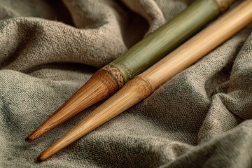 Close Up of Two Bamboo Sticks on Crinkled Linen Cloth with Brown and Green Tones Studio Lighting Still Life Photography
