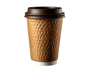 A textured paper coffee cup with a brown lid, isolated on black