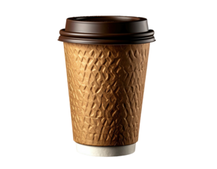 A textured paper coffee cup with a brown lid, isolated on black